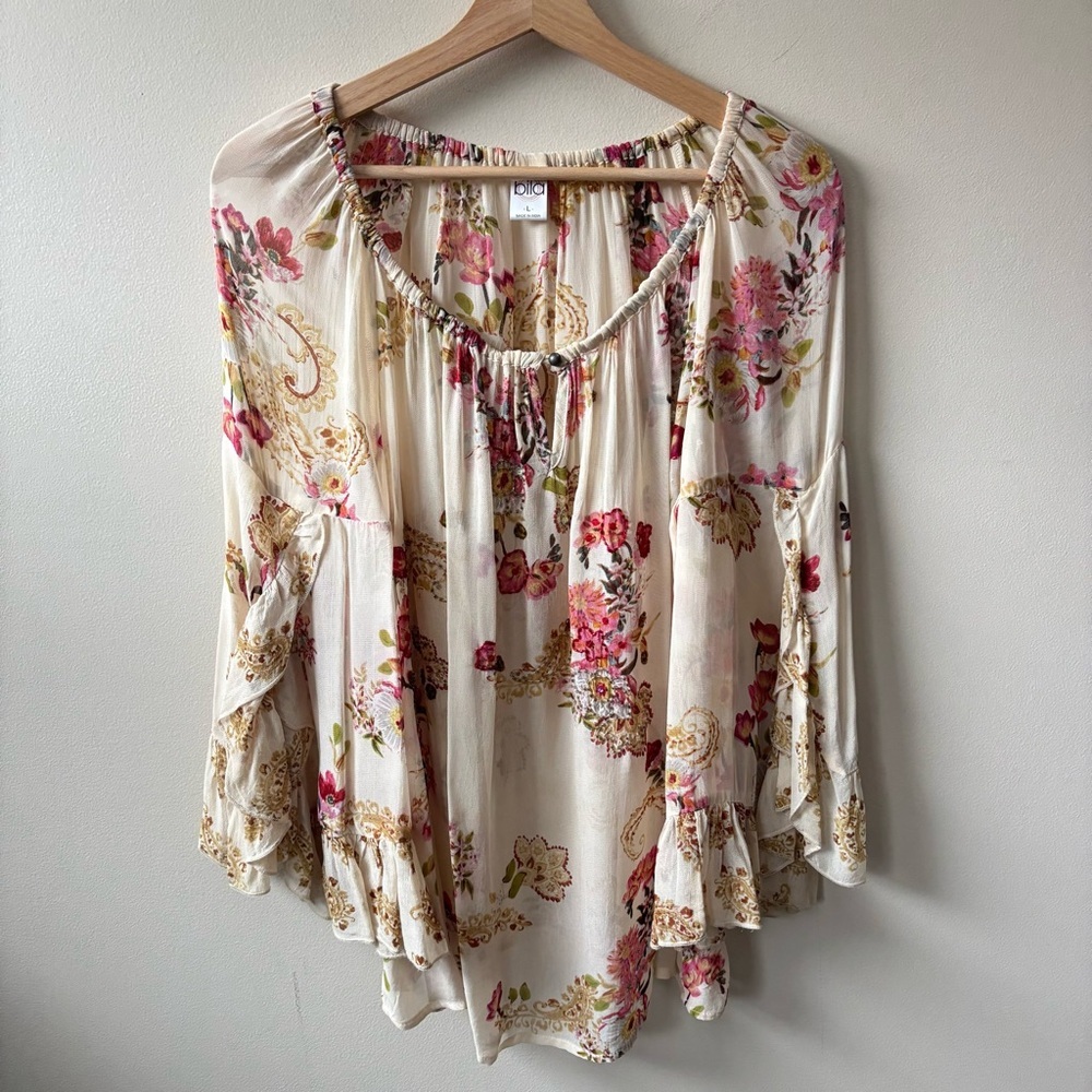 Bila Floral Cream and Pink Beaded Blouse